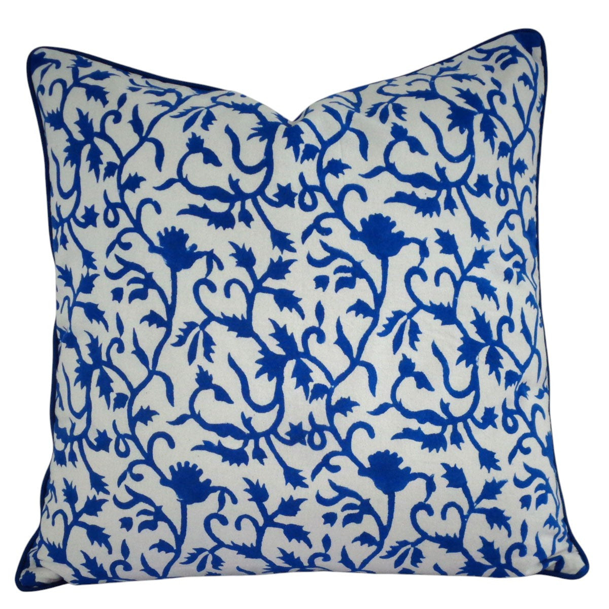 House of Mulmul - Blockprinted Cushion Covers-Pillow Cases. A square decorative throw pillow featuring a vibrant royal blue floral and vine pattern on a white background, with a solid blue piped edge.