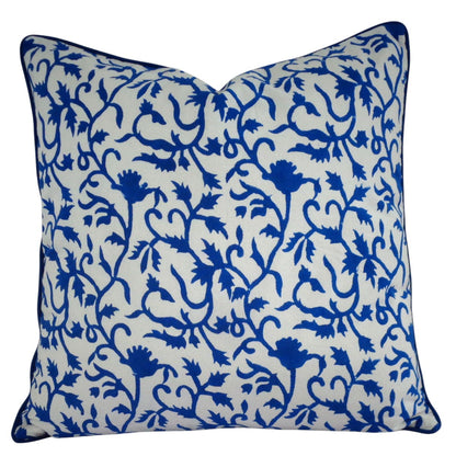 House of Mulmul - Blockprinted Cushion Covers-Pillow Cases. A square decorative throw pillow featuring a vibrant royal blue floral and vine pattern on a white background, with a solid blue piped edge.
