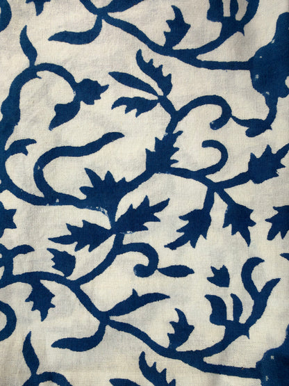House of Mulmul - Blockprinted Cushion Covers-Pillow Cases. A close-up of a fabric pattern featuring dark navy blue floral and vine motifs printed on an off-white linen-like background.