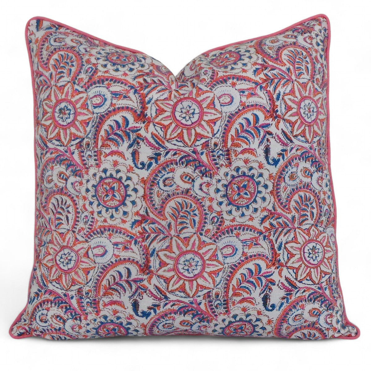 House of Mulmul - Blockprinted Cushion Covers-Pillow Cases. A square decorative throw pillow featuring an intricate paisley and floral pattern in red, blue, and cream on a white background, finished with a solid red piped edge.
