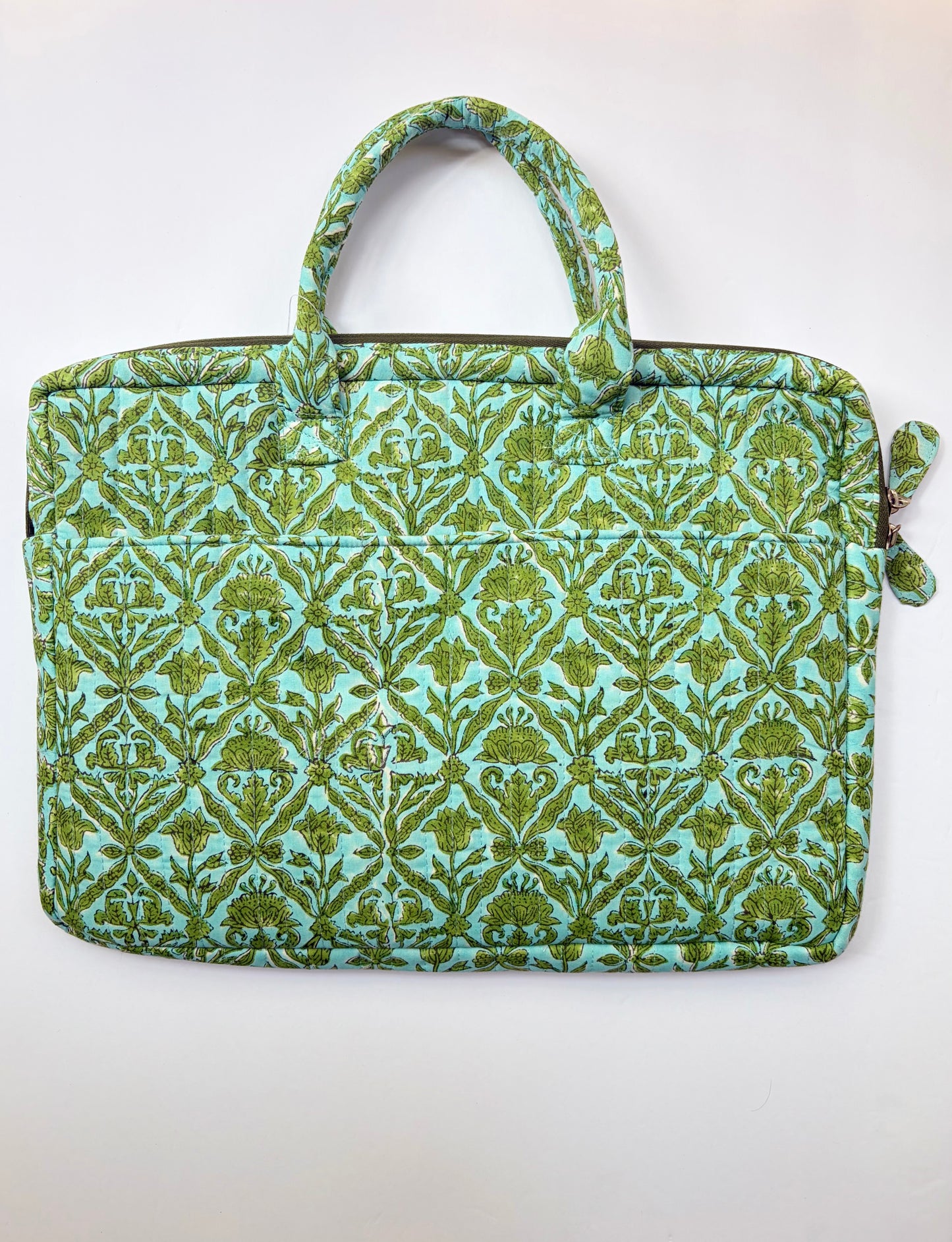 House of Mulmul - Blockprinted Cotton Quilted Laptop Bag. A quilted laptop sleeve featuring a green and turquoise damask pattern, with top handles and a zippered side pocket, shown against a plain white background.