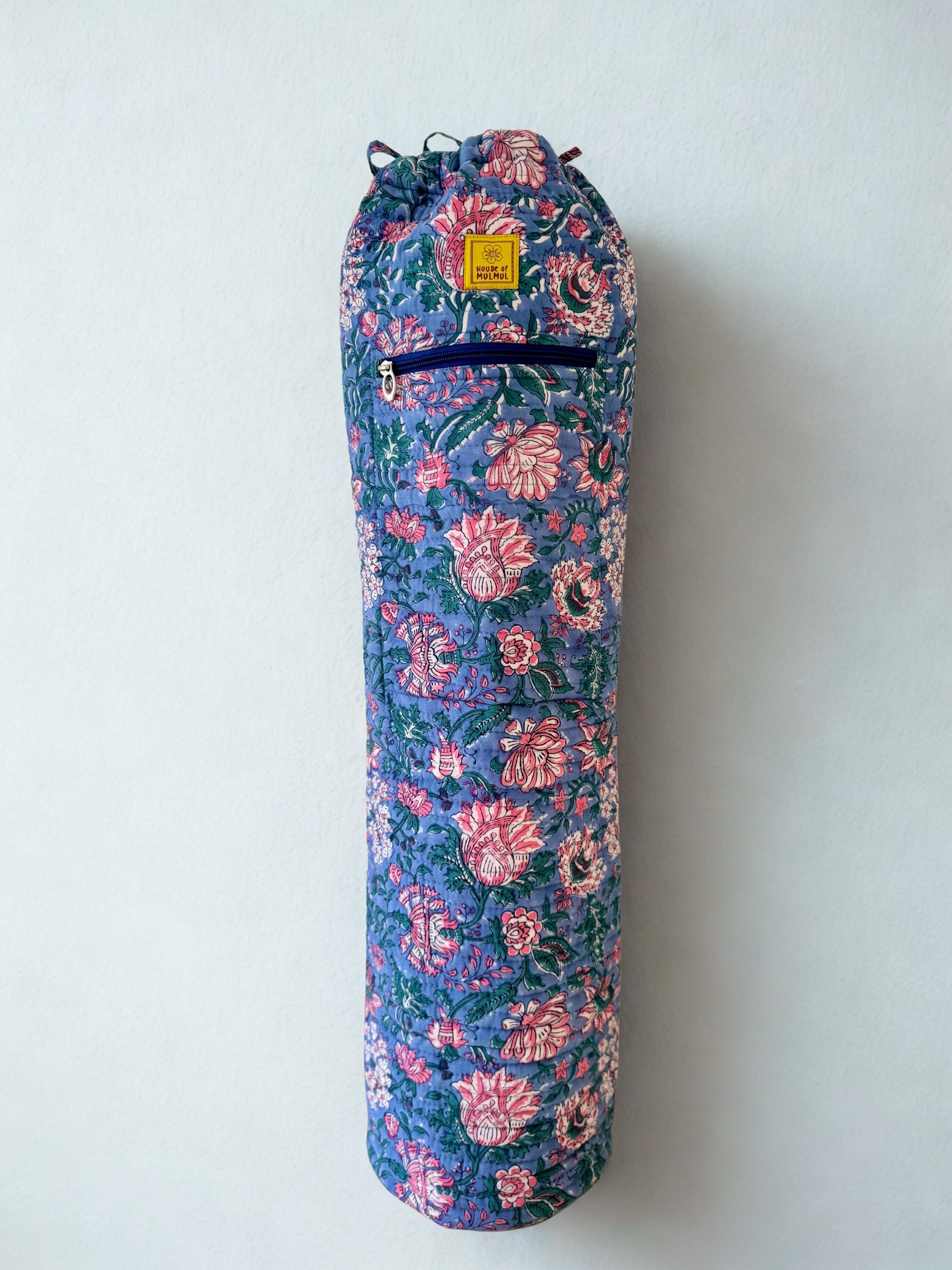 House of Mulmul - Blockprinted Yoga Mat Cover. Floral-patterned cotton yoga mat bag on a white background