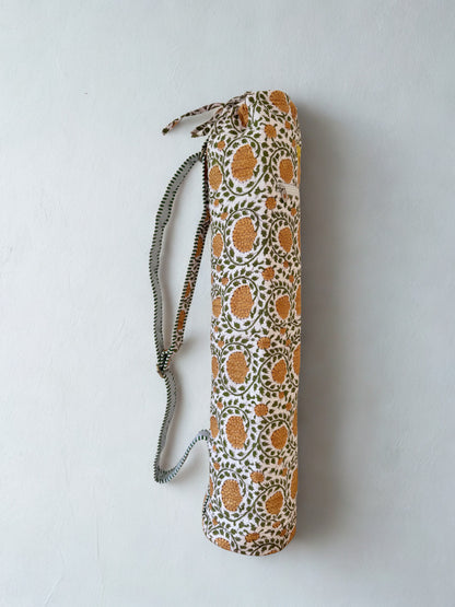 House of Mulmul - Blockprinted Yoga Mat Cover. Yoga mat bag with yellow green floral pattern on a white background