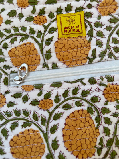 House of Mulmul - Blockprinted Yoga Mat Cover. Floral patterned yoga mat bag with zipper pouch with 'House of Mulmul' label