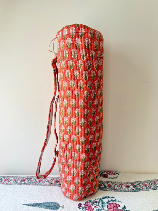 House of Mulmul - Blockprinted Yoga Mat Cover. Floral-patterned yoga mat bag on a light background