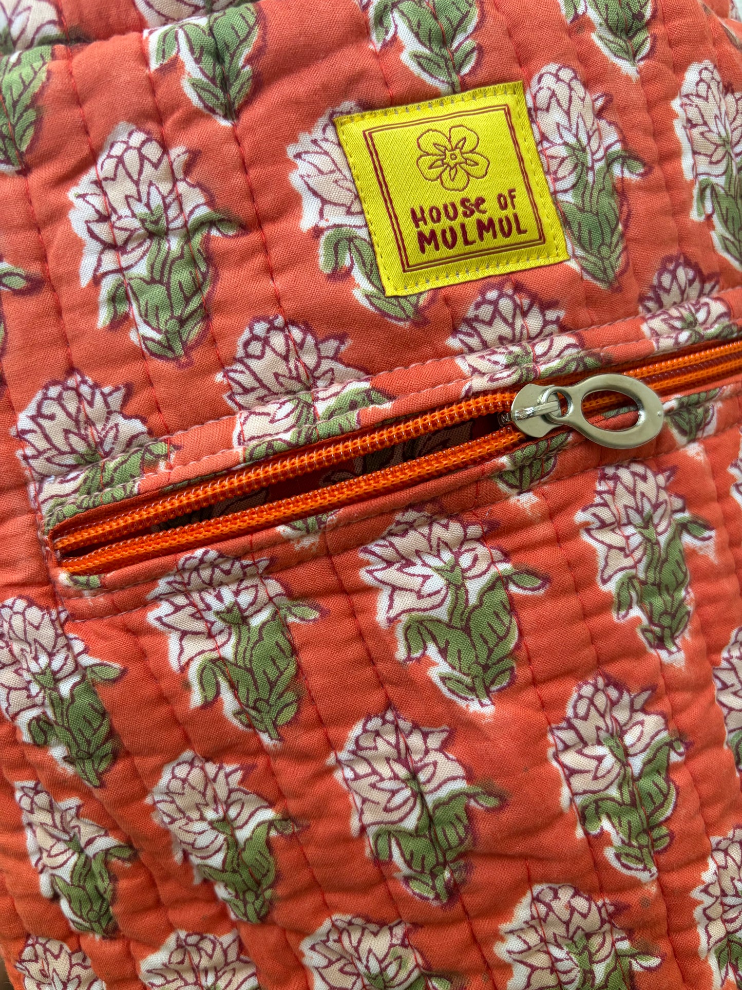 House of Mulmul - Blockprinted Yoga Mat Cover. Floral-patterned yoga mat bag on a light background