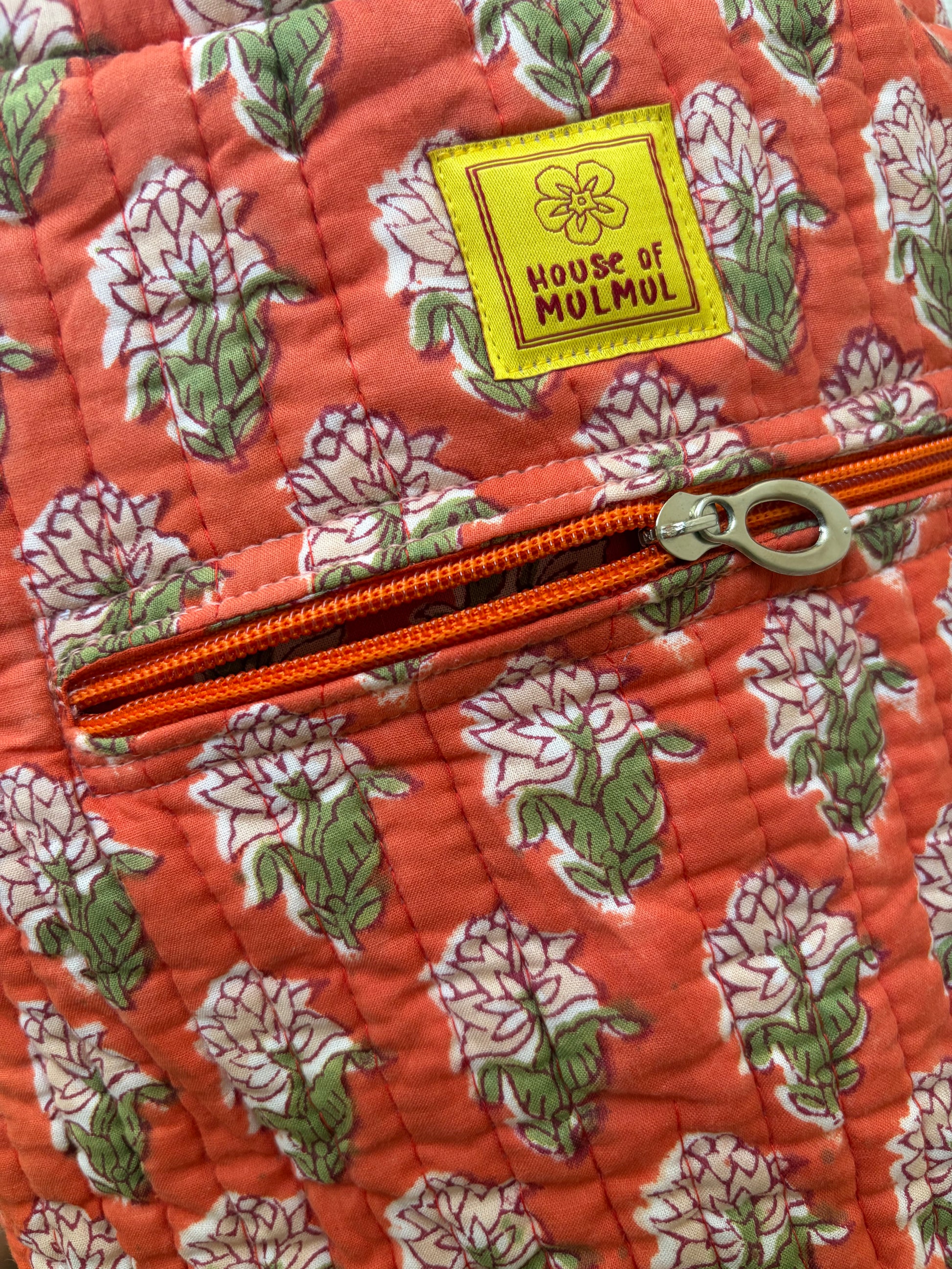 House of Mulmul - Blockprinted Yoga Mat Cover. Floral-patterned yoga mat bag on a light background