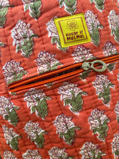House of Mulmul - Blockprinted Yoga Mat Cover. Floral-patterned yoga mat bag on a light background