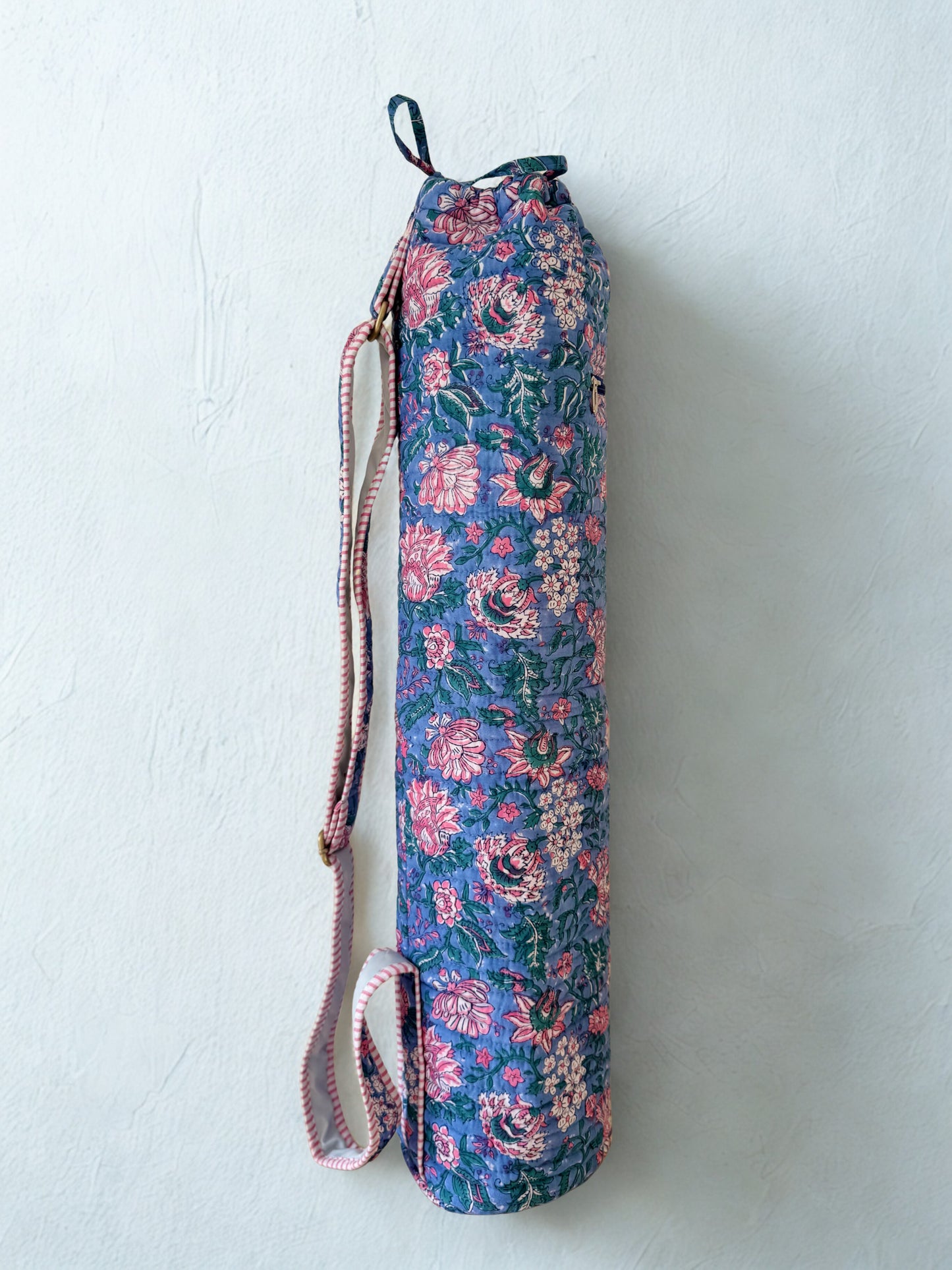 House of Mulmul - Blockprinted Yoga Mat Cover. Floral-patterned yoga mat bag with strap on a white background