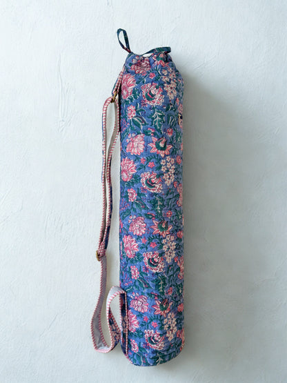House of Mulmul - Blockprinted Yoga Mat Cover. Floral-patterned yoga mat bag with strap on a white background