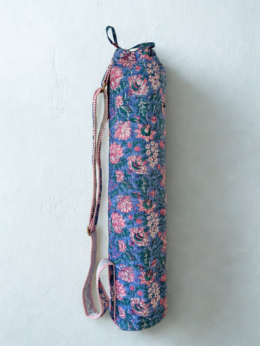 House of Mulmul - Blockprinted Yoga Mat Cover. Floral-patterned yoga mat bag with strap on a white background