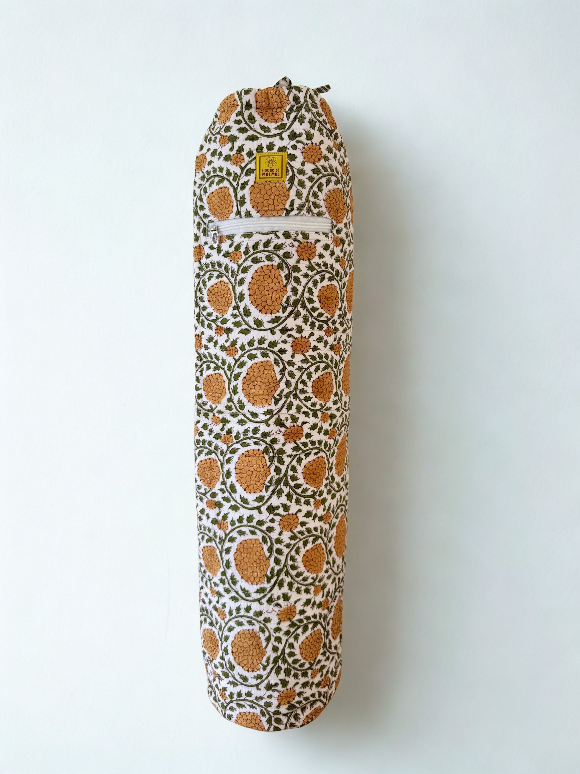 House of Mulmul - Blockprinted Yoga Mat Cover. Yellow green floral cotton yoga mat bag