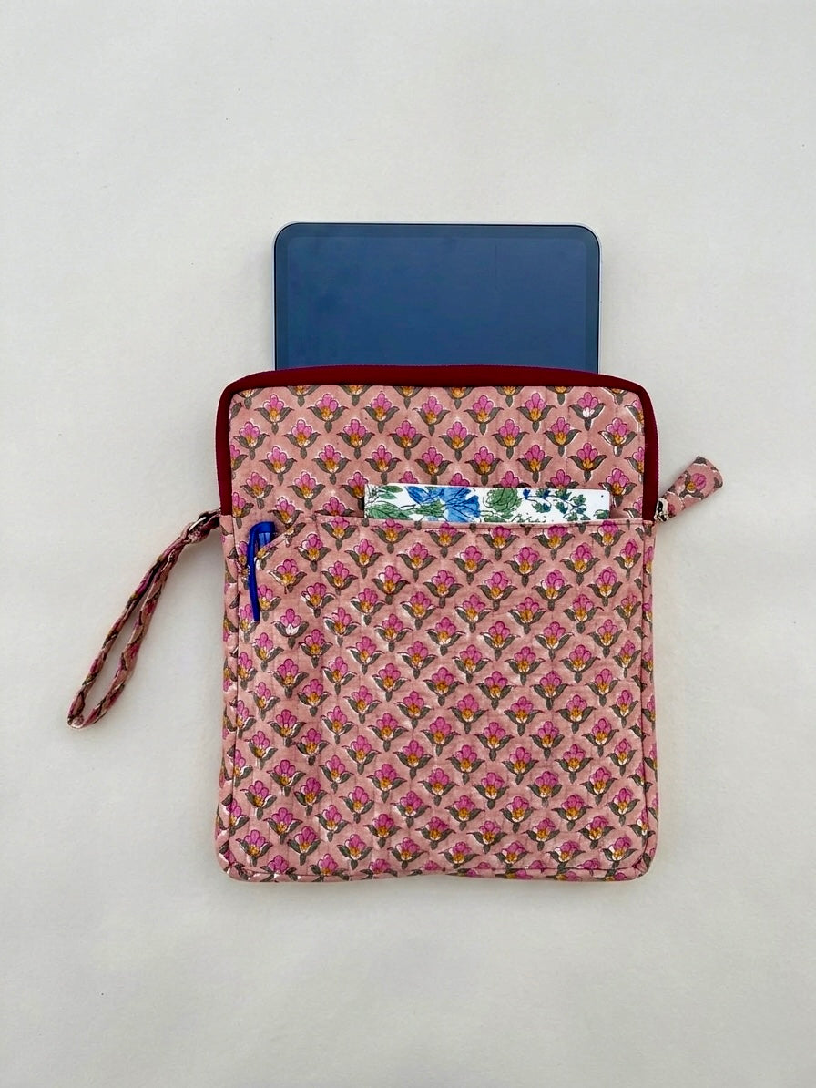 Blockprinted Cotton Quilted iPad/Tablet Sleeve Cover (Berry Block)