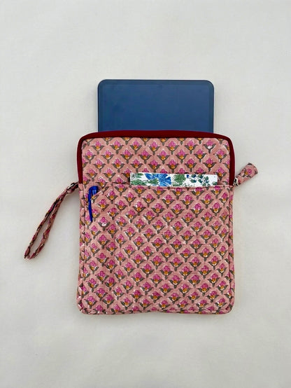 Blockprinted Cotton Quilted iPad/Tablet Sleeve Cover (Berry Block)