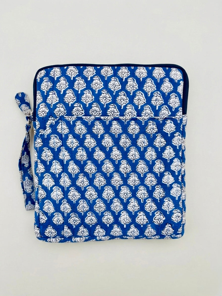 Blockprinted Cotton Quilted iPad/Tablet Sleeve Cover (Indigo Buti)