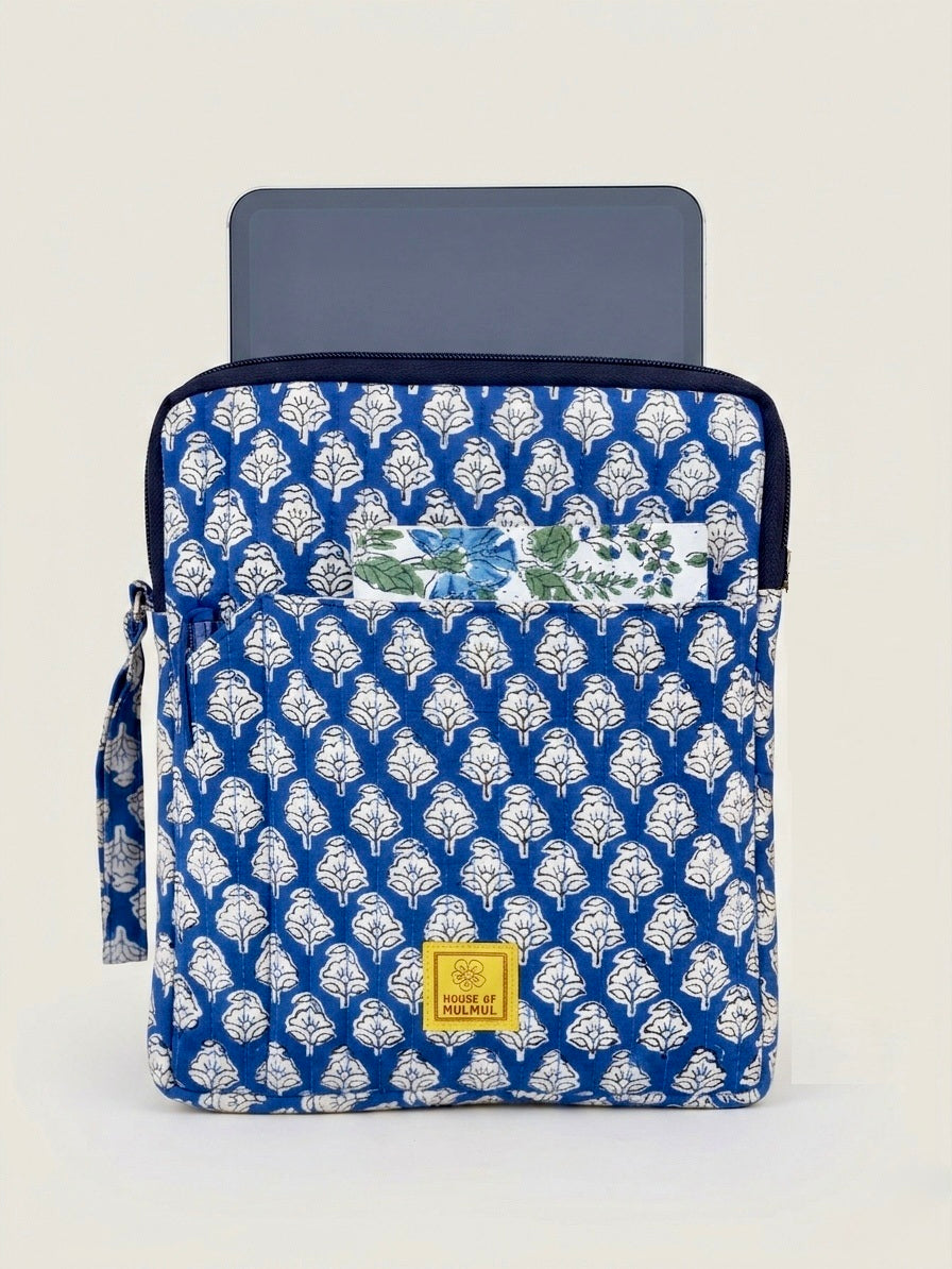 Blockprinted Cotton Quilted iPad/Tablet Sleeve Cover (Indigo Buti)
