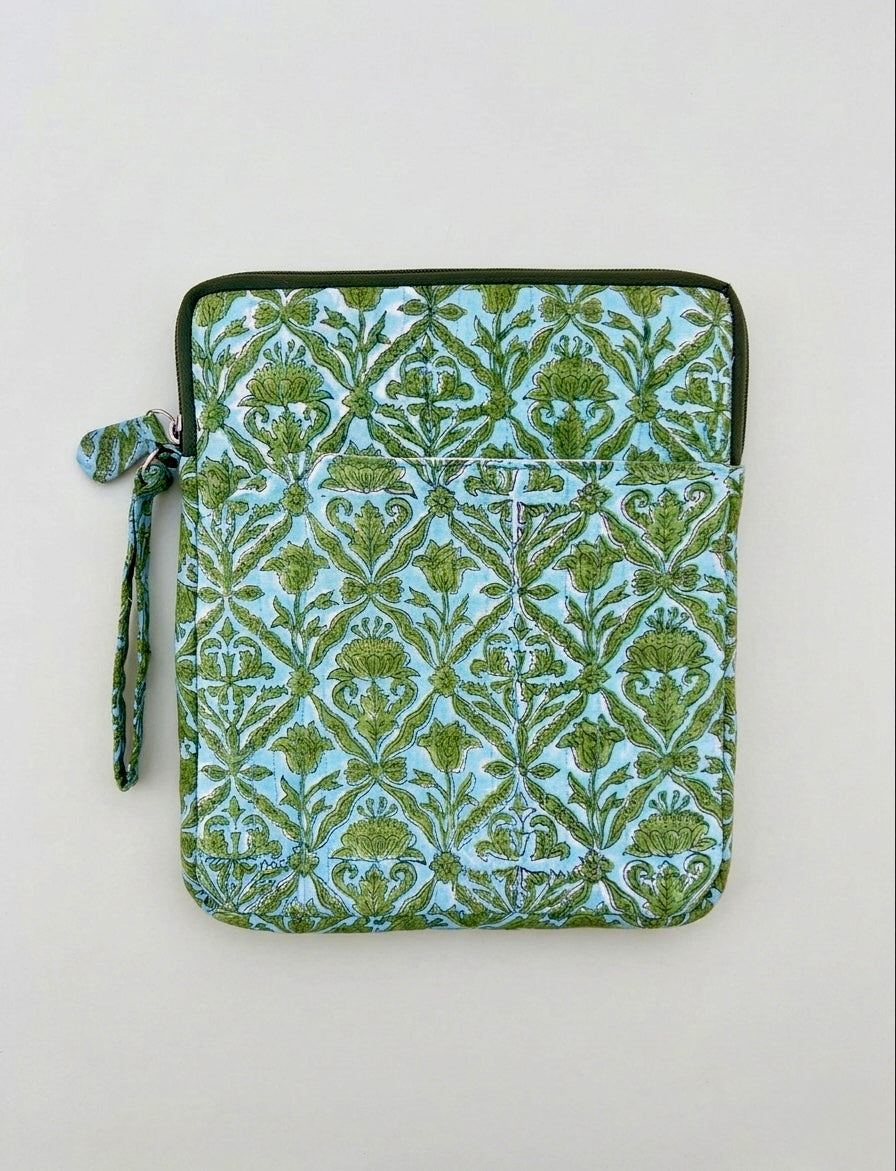 Blockprinted Cotton Quilted iPad/Tablet Sleeve Cover (Sage Meadow)