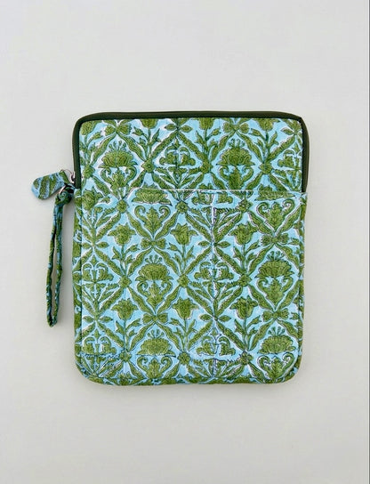 Blockprinted Cotton Quilted iPad/Tablet Sleeve Cover (Sage Meadow)