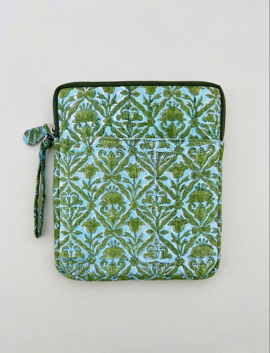 Blockprinted Cotton Quilted iPad/Tablet Sleeve Cover (Sage Meadow)