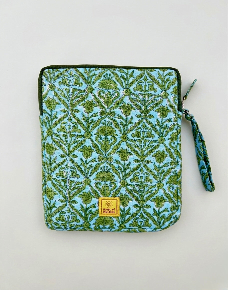 Blockprinted Cotton Quilted iPad/Tablet Sleeve Cover (Sage Meadow)