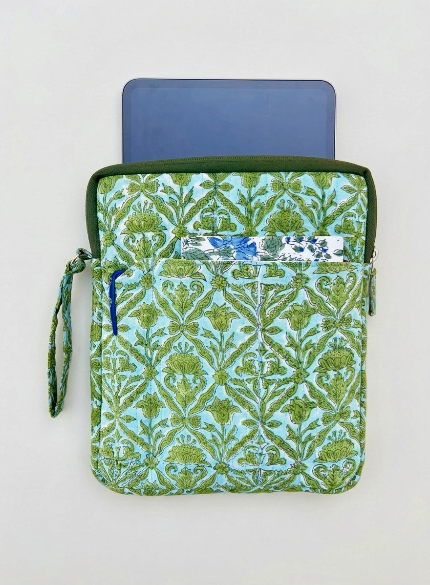 Blockprinted Cotton Quilted iPad/Tablet Sleeve Cover (Sage Meadow)
