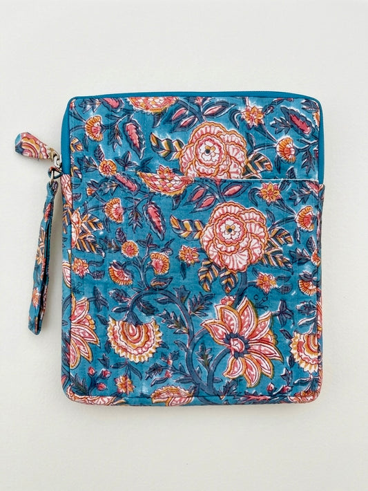 Blockprinted Cotton Quilted iPad/Tablet Sleeve Cover (Teal Taj)