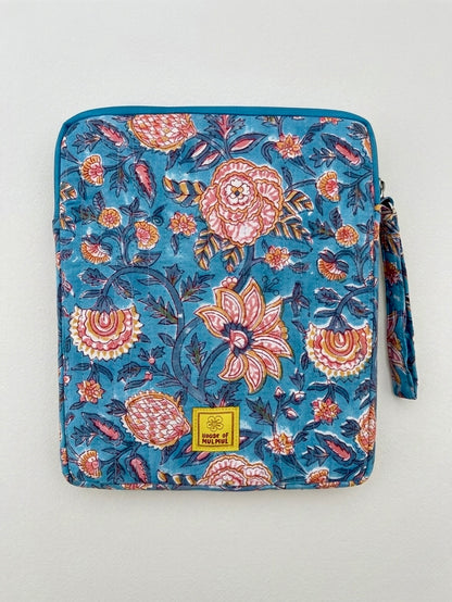 Blockprinted Cotton Quilted iPad/Tablet Sleeve Cover (Teal Taj)