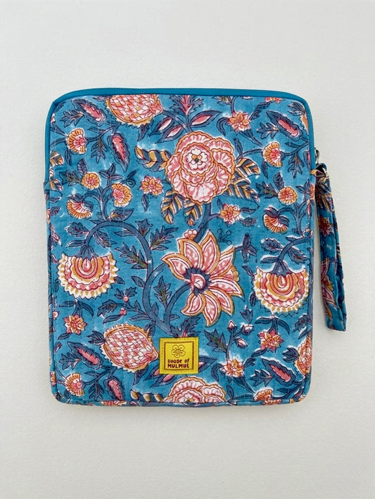 Blockprinted Cotton Quilted iPad/Tablet Sleeve Cover (Teal Taj)