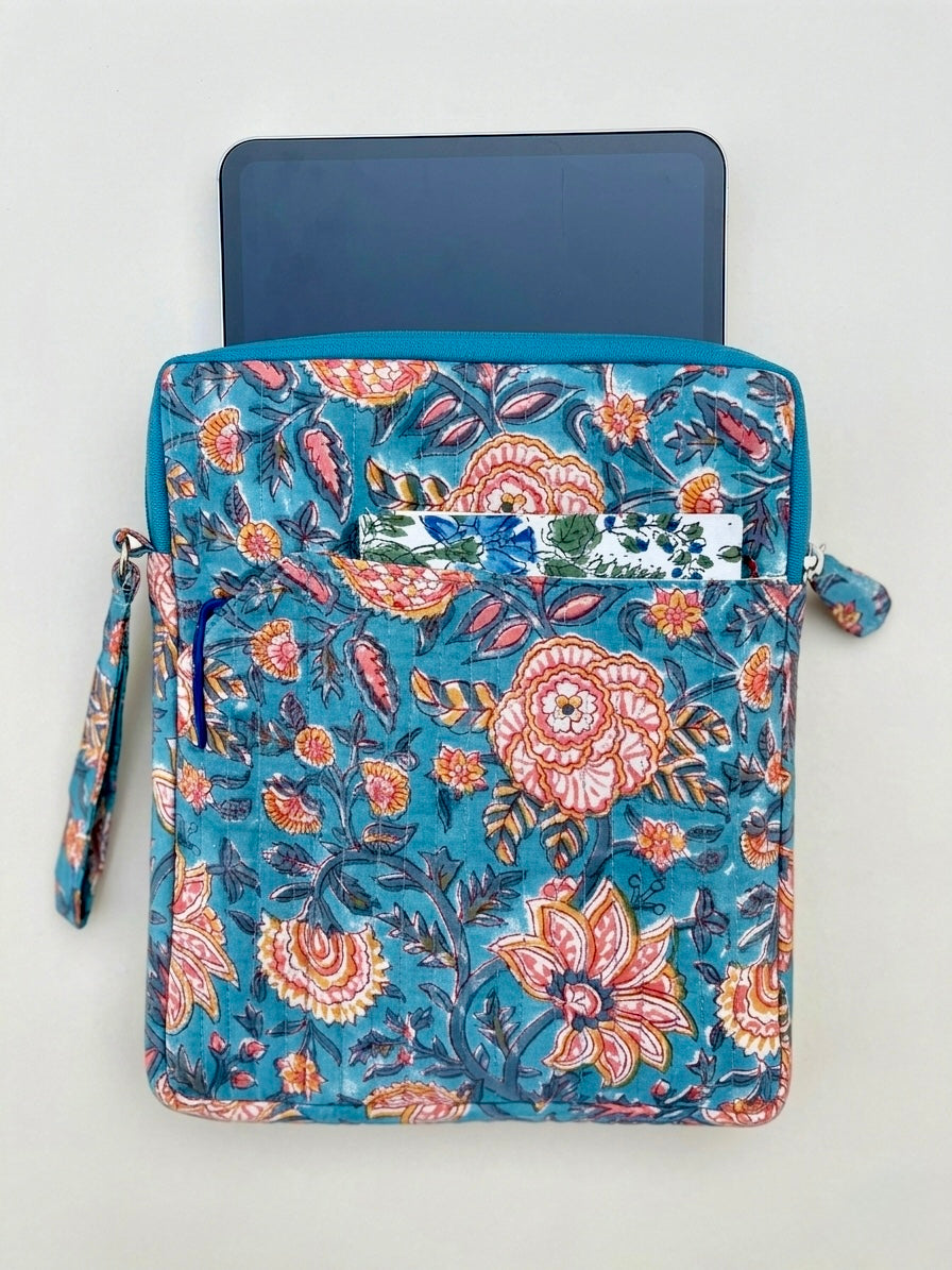 Blockprinted Cotton Quilted iPad/Tablet Sleeve Cover (Teal Taj)