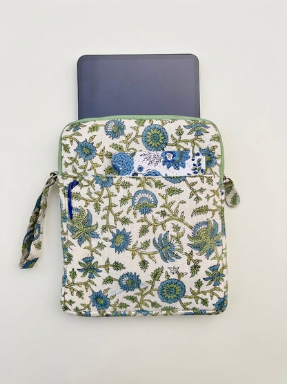 Blockprinted Cotton Quilted iPad/Tablet Sleeve Cover (Green Vine)