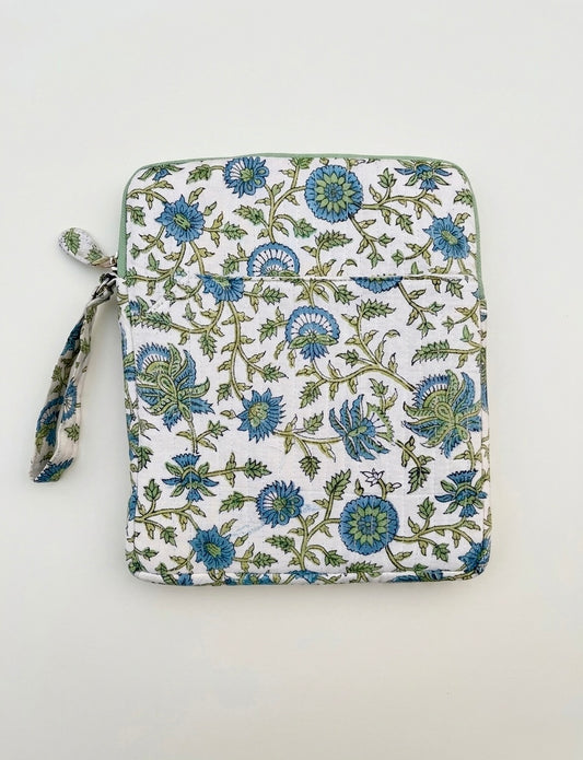 Blockprinted Cotton Quilted iPad/Tablet Sleeve Cover (Green Vine)
