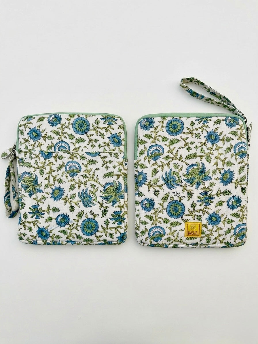 Blockprinted Cotton Quilted iPad/Tablet Sleeve Cover (Green Vine)