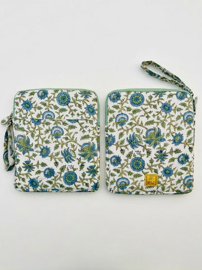 Blockprinted Cotton Quilted iPad/Tablet Sleeve Cover (Green Vine)
