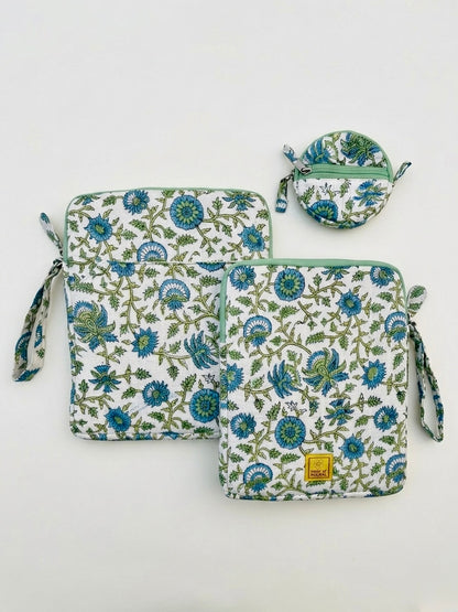 Blockprinted Cotton Quilted iPad/Tablet Sleeve Cover (Green Vine)