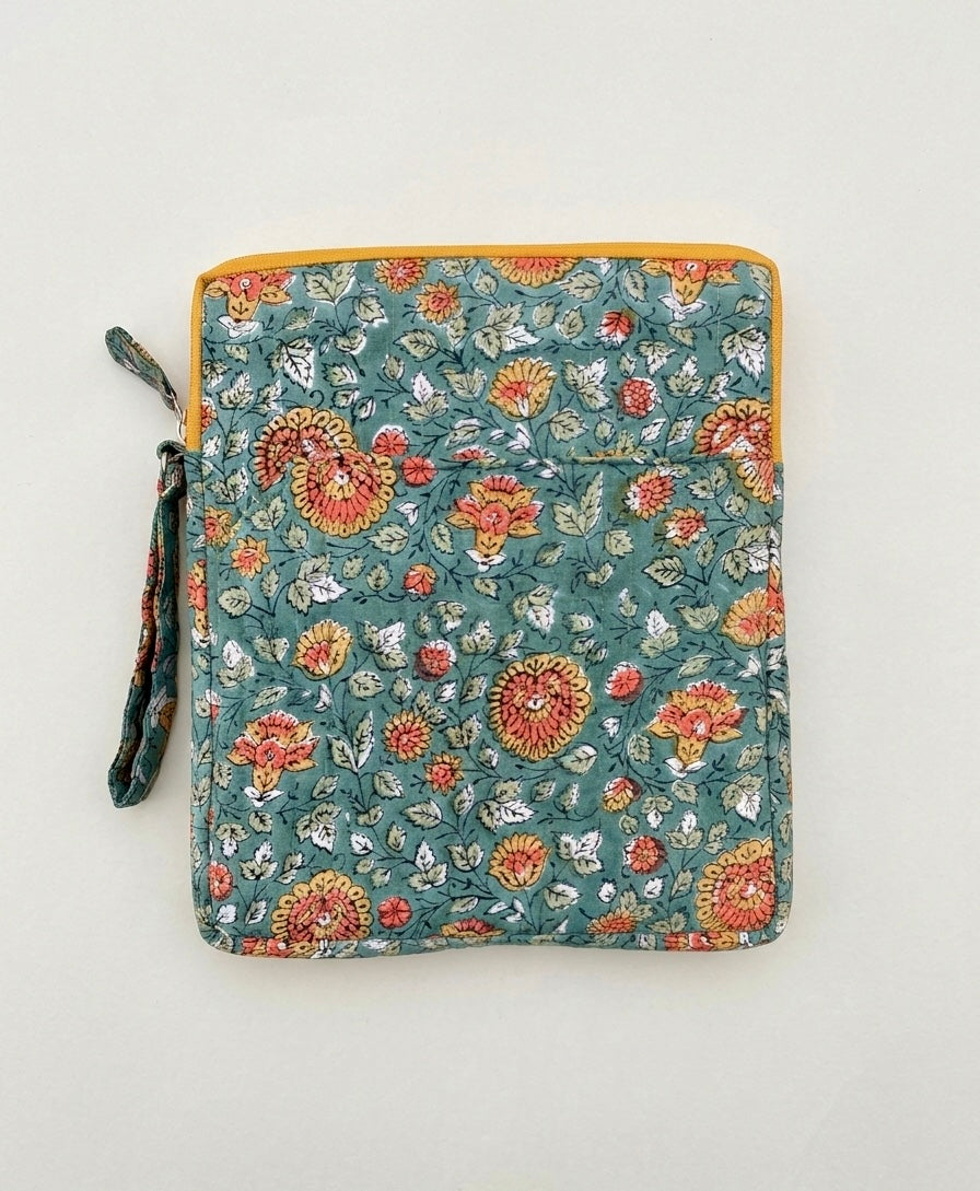 Blockprinted Cotton Quilted iPad/Tablet Sleeve Cover (Wildwood Marigold)