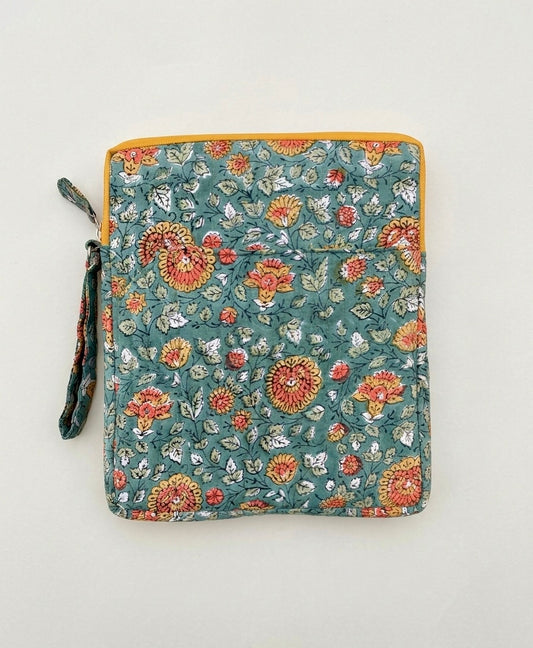 Blockprinted Cotton Quilted iPad/Tablet Sleeve Cover (Wildwood Marigold)