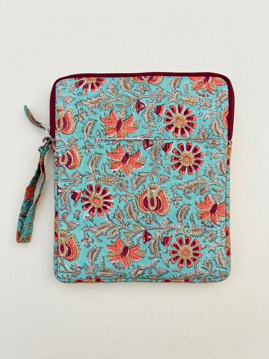 Blockprinted Cotton Quilted iPad/Tablet Sleeve Cover (Lagoon Lily)