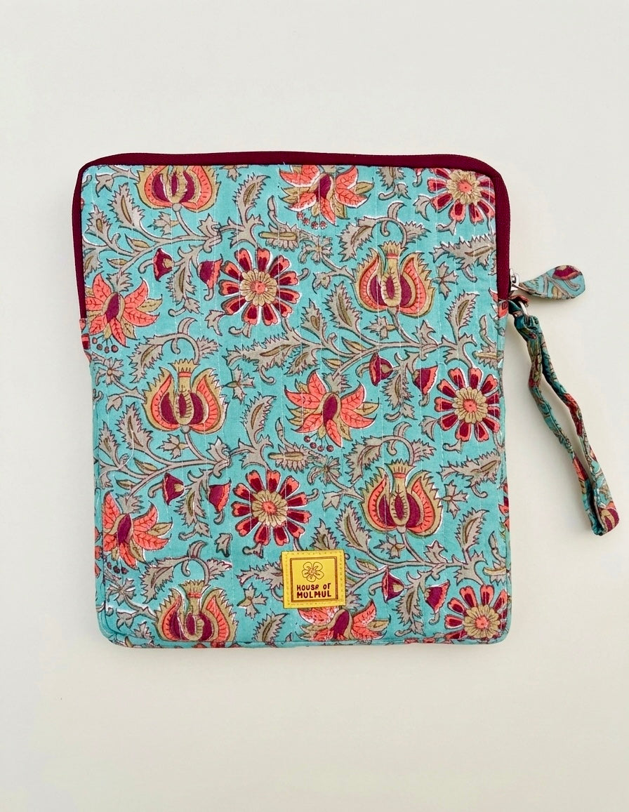 Blockprinted Cotton Quilted iPad/Tablet Sleeve Cover (Lagoon Lily)