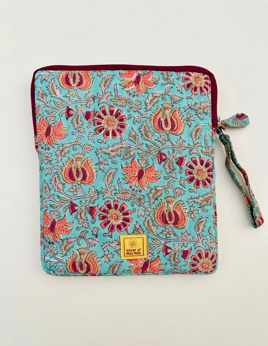Blockprinted Cotton Quilted iPad/Tablet Sleeve Cover (Lagoon Lily)