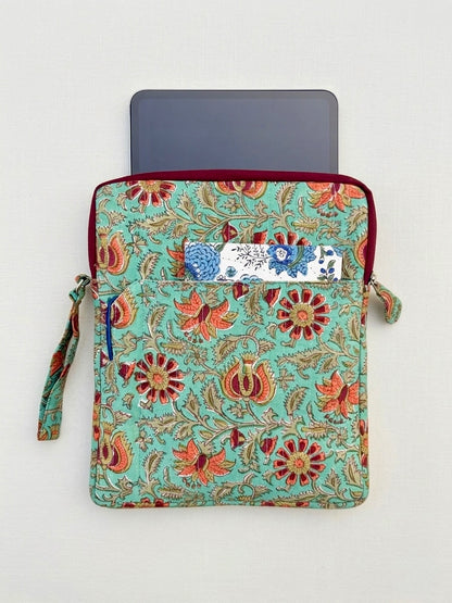 Blockprinted Cotton Quilted iPad/Tablet Sleeve Cover (Lagoon Lily)