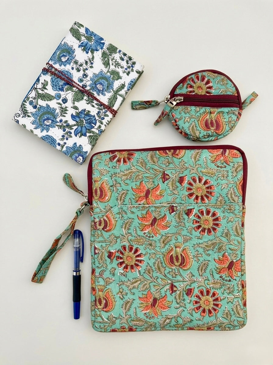 Blockprinted Cotton Quilted iPad/Tablet Sleeve Cover (Lagoon Lily)
