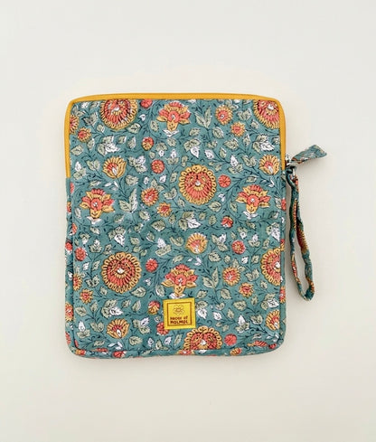 Blockprinted Cotton Quilted iPad/Tablet Sleeve Cover (Wildwood Marigold)