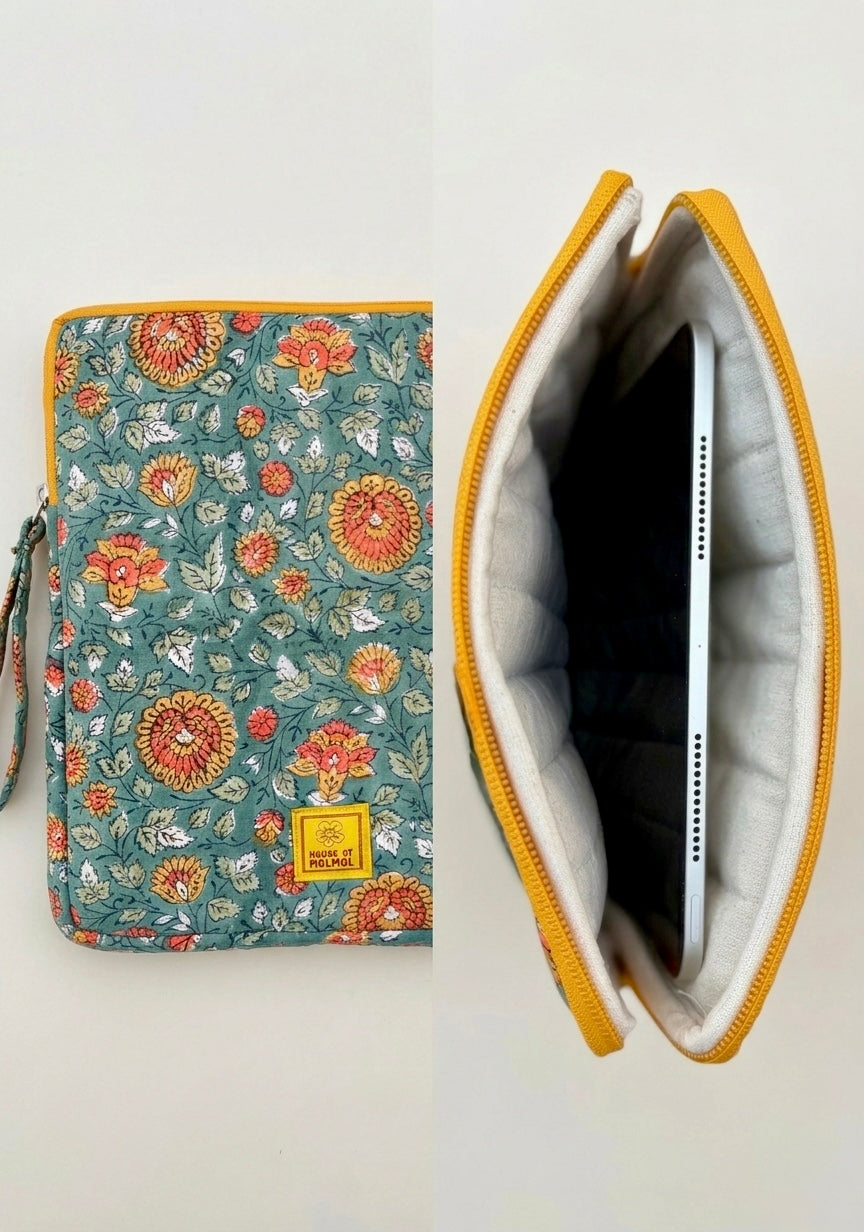 House of Mulmul - Blockprinted iPad Sleeve Cover. Floral handblock printed patterned iPad cover sleeve with an iPad inside