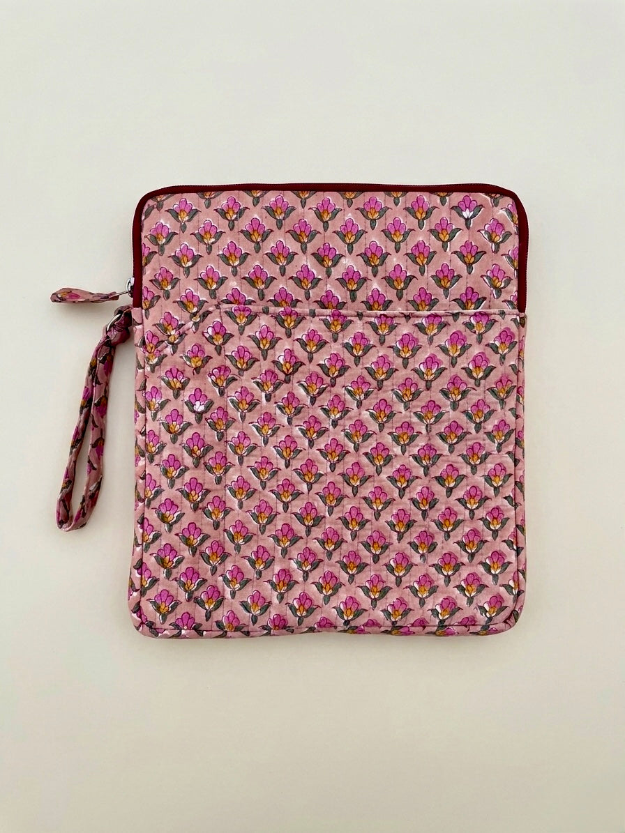 Blockprinted Cotton Quilted iPad/Tablet Sleeve Cover (Berry Block)