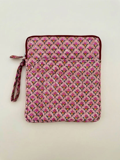Blockprinted Cotton Quilted iPad/Tablet Sleeve Cover (Berry Block)