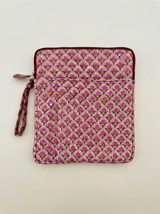 Blockprinted Cotton Quilted iPad/Tablet Sleeve Cover (Berry Block)