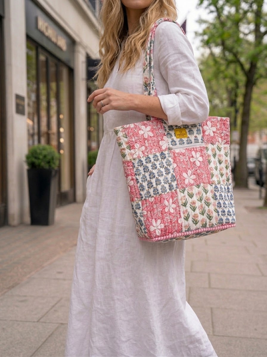 House of Mulmul - Bucket Tapered Tote Bag. A woman in a white dress carrying a large patchwork quilted tote bag with pink, white, and blue floral patterns on a city sidewalk.