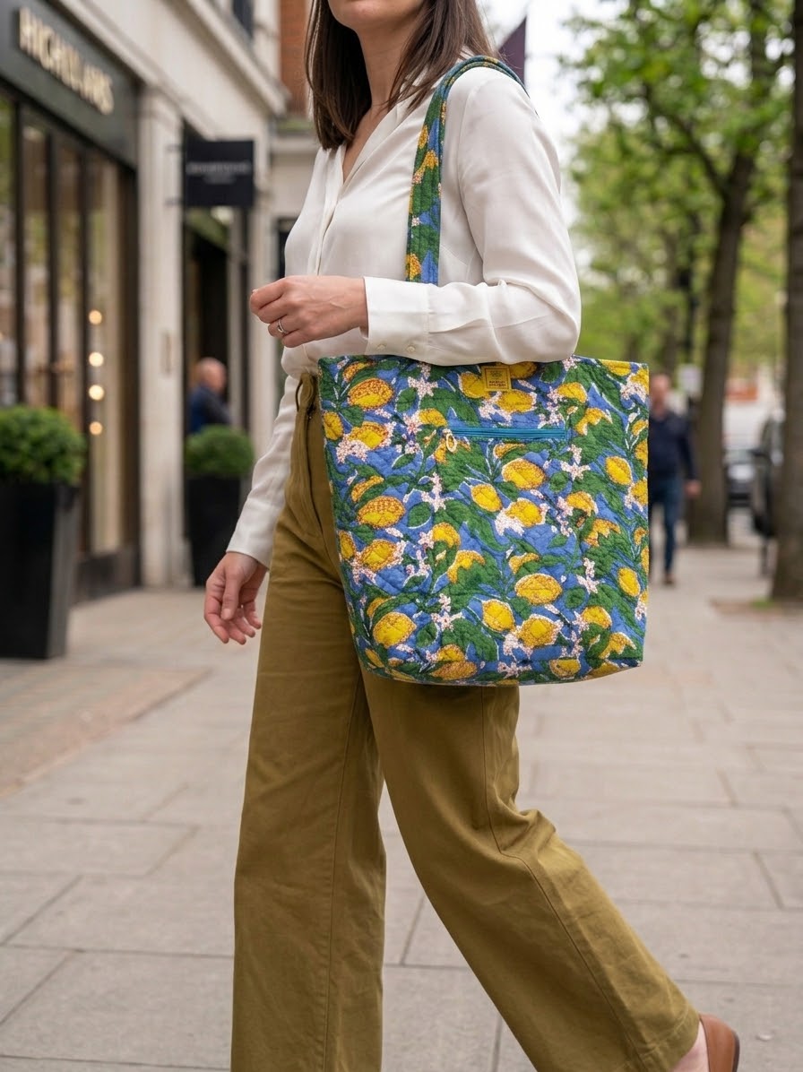 House of Mulmul - Bucket Tapered Tote Bag. A woman walking on a city sidewalk carrying a large tote bag with a vibrant yellow and blue floral print on a green background.