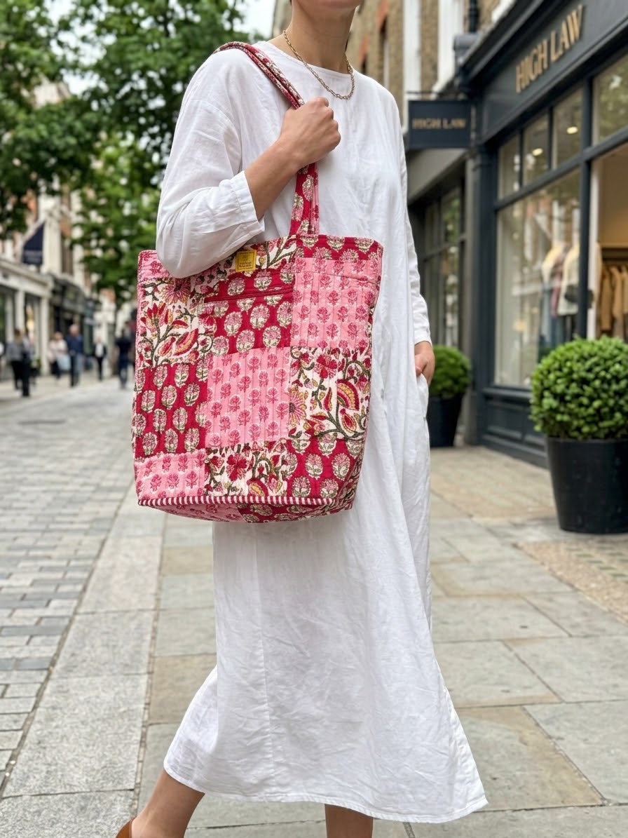 House of Mulmul - Bucket Tapered Tote Bag. A woman in a white dress carrying a large pink patchwork tote bag with floral and geometric patterns, walking on a city street.