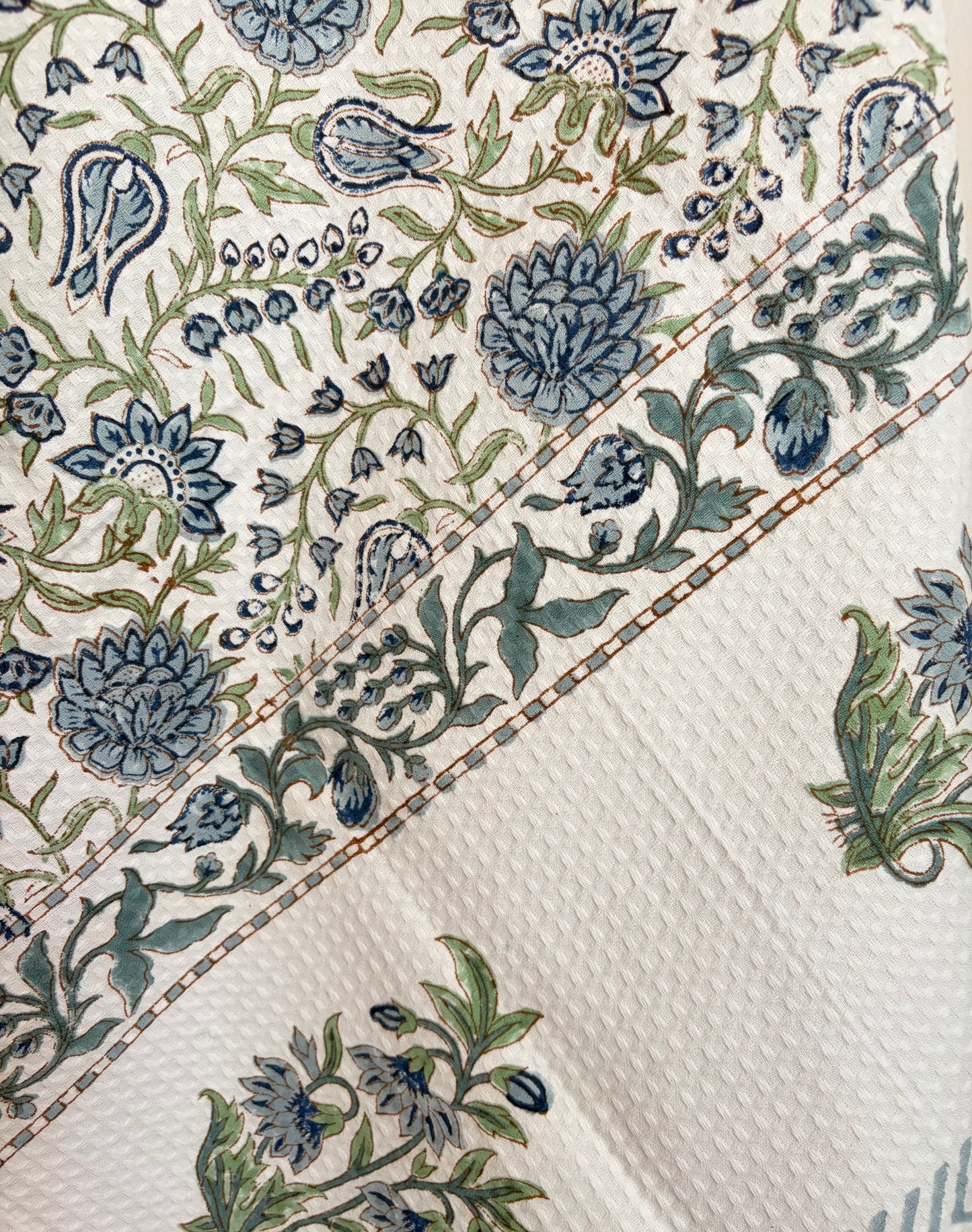 Indigo Creeper - Blockprinted Waffle Weave Cotton Bath Towel - Blue Green White